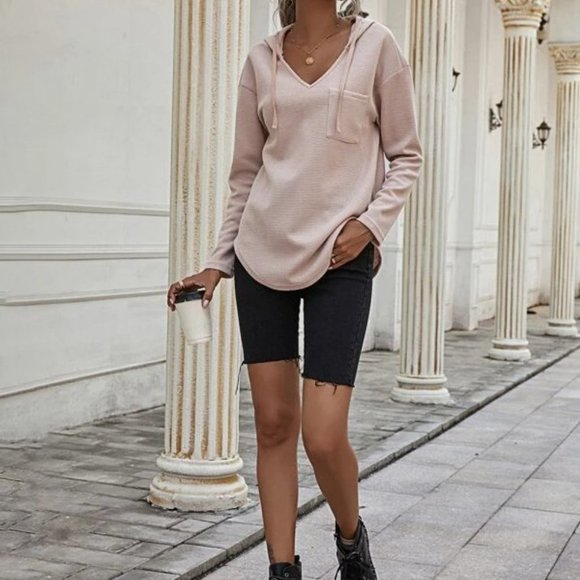 Comfy Curved Hem  Drop Shoulder Drawstring Hoodie Top light apricot blush - Picture 8 of 8